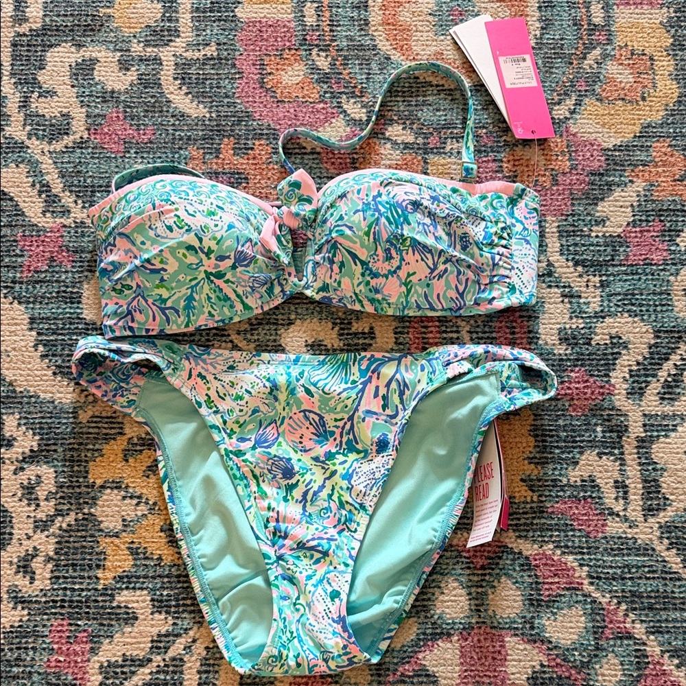 Lilly Pulitzer  Print Bandeau Bikini Set in Aqua & Pink